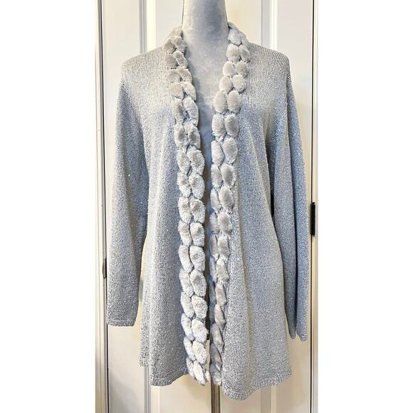 Alfred Dunner Sweaters - Alfred Dunner Womens Embellished Sequin Fur Trim Cardigan Open Front Gray 2X
